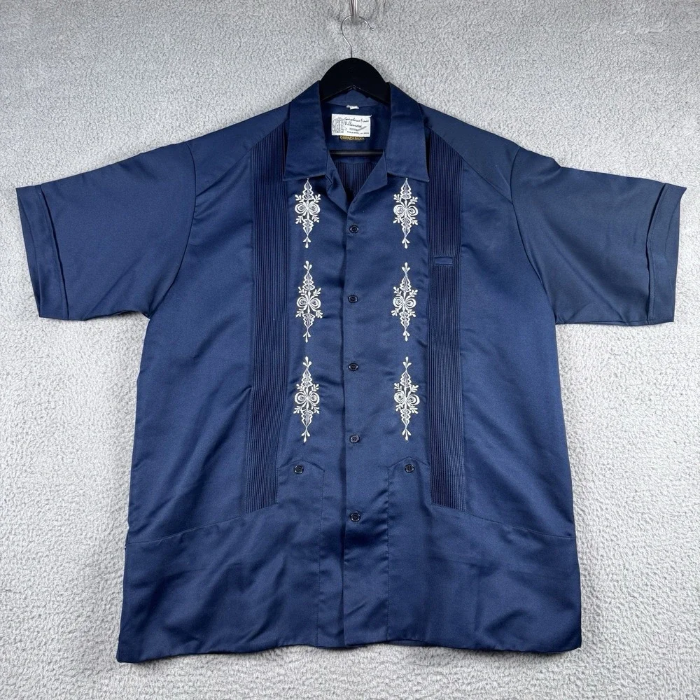 Vtg Guayabera Copacabana Shirt Mens Size 42 Blue Short Sleeve Satin Seda Bowling